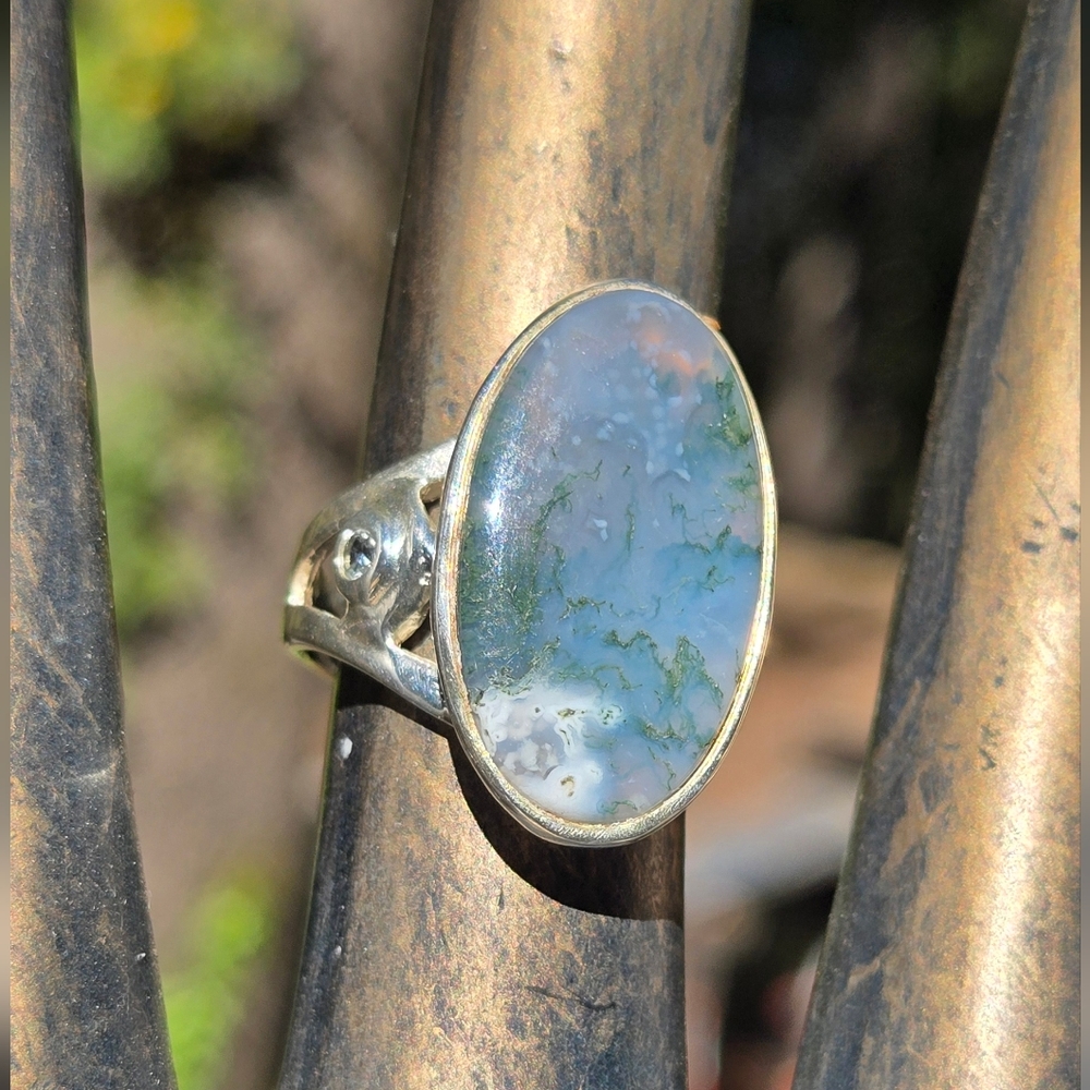 HOST PICK! 🎉🎊 Moss Agate & Topaz Natural Gemstone Sterling Ring Sz8 - Picture 9 of 11
